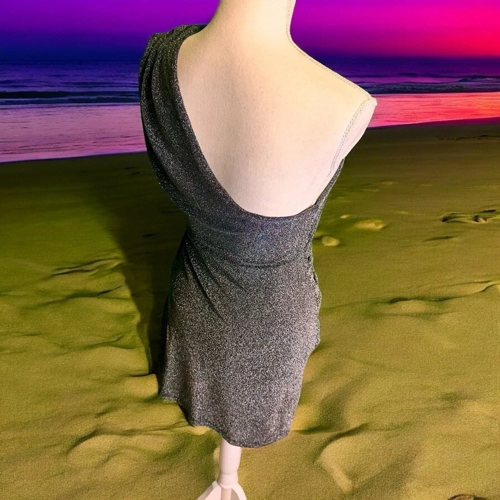 NWOT Free People ‘Malia’ One Shoulder Ruched Bodice Silver Metallic Dress Size S